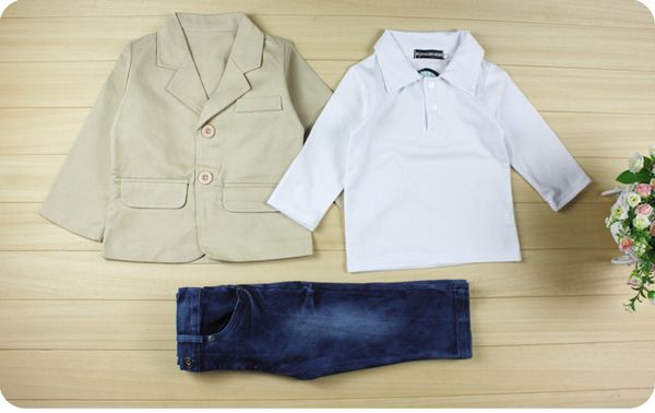 

3pcs/2-8years/spring autumn baby boys clothes kids suits casual white t-shirt+beige jackets+pants children clothing sets bc1007