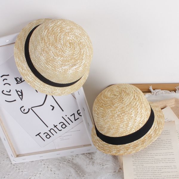 

children's wheat small straw round travel cute baby small hat sunscreen straw hat, Yellow