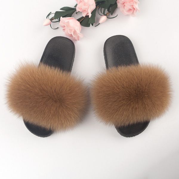 

large fur slides rainbow color fox fur slide wholesale big fox fur slides, Black
