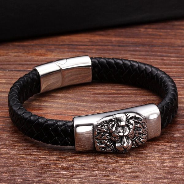 

new brand animal lion charm genuine leather bracelets vintage handmade braided fashion men male cuff sporty bracelets, Golden;silver