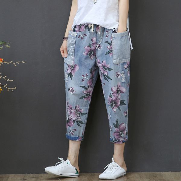 

vintage capris jeans woman summer 2020 high waist calf-length denim pants floral print jeans capri for women jean femme, Blue