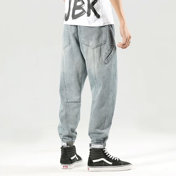

luan jian new light color men's casual loose washed white stitching harlan hook and tight pants jeans and jeans loop leggings, Blue