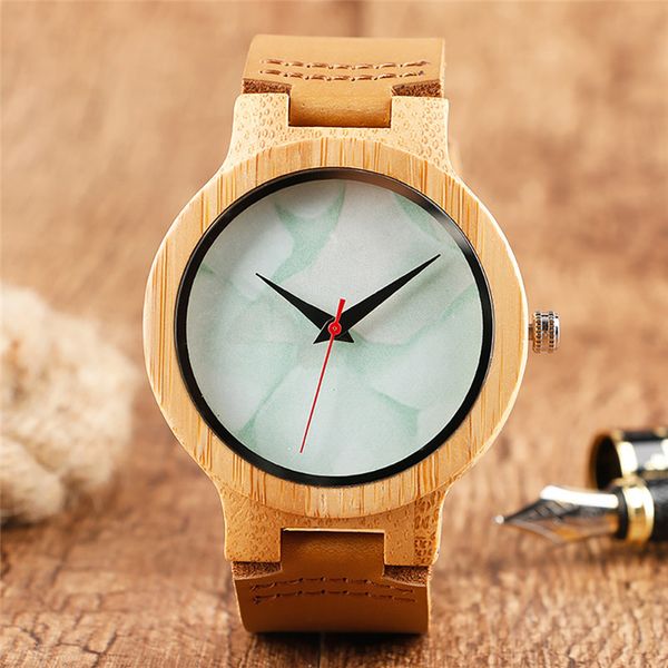 

novel creative marble dial design men's watches nature wood analog quartz display watch bamboo clock with brown/white leather strap, Slivery;brown