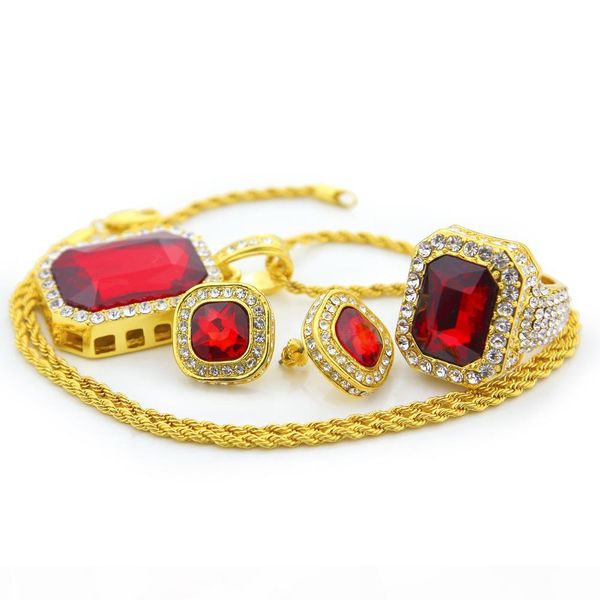 

mens necklace ring earings sets hip hop jewelry with zircon iced out chains vintage gem pendant necklace stainless steel jewelry wholesale, Silver