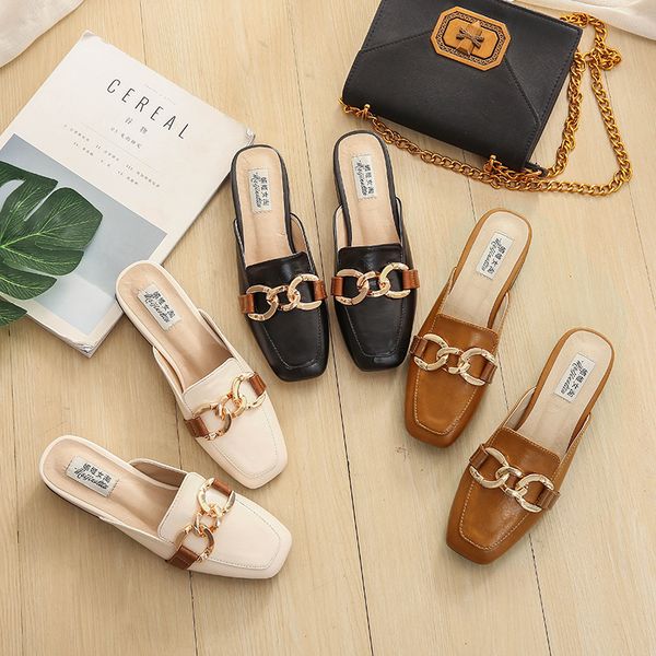 

rivet shoes woman 2020 female mule cover toe woman's slippers low mules soft new summer hoof heels tpr basic fabric metal, Black