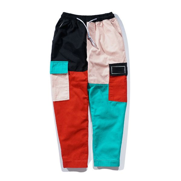 

hip hop pants vintage color block patchwork pockets cargo harem pant streetwear harajuku jogger sweatpant cotton trousers, Black