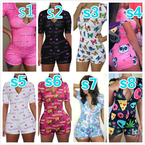 

summer shorts jumpsuit women pajamas 2020 deep v-neck digital printed short-sleeved button tight bodysuit y568, White
