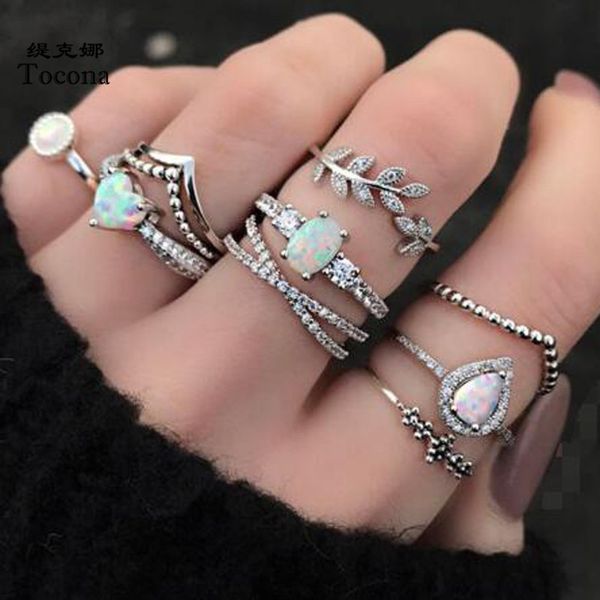 

9pcs / комплекты vintage silver цвет кольца для женщин белый опал камень сердца капли воды листовые обручальные кольца ювелирные изделия, Golden;silver