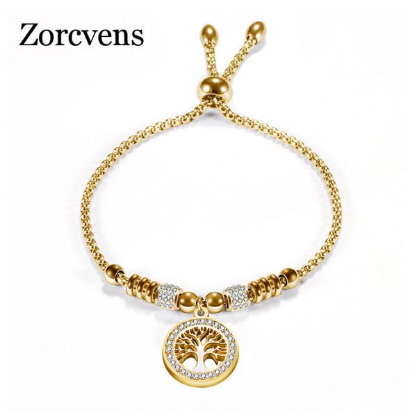 

zorcvens vintage gold silver color stainless steel charm bracelet with tree of life pendant crystal ball bracelet for woman, Black