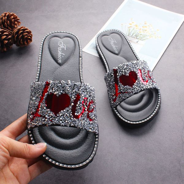 

women slippers flat ladies casual crystal bling slides ladies open toe outside flip flops beach shoes summer female footwear, Black