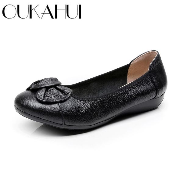 

oukahui spring autumn genuine leather women ballet flats shoes black slip-on heart-shaped bowknot soft light ladies flat shoes