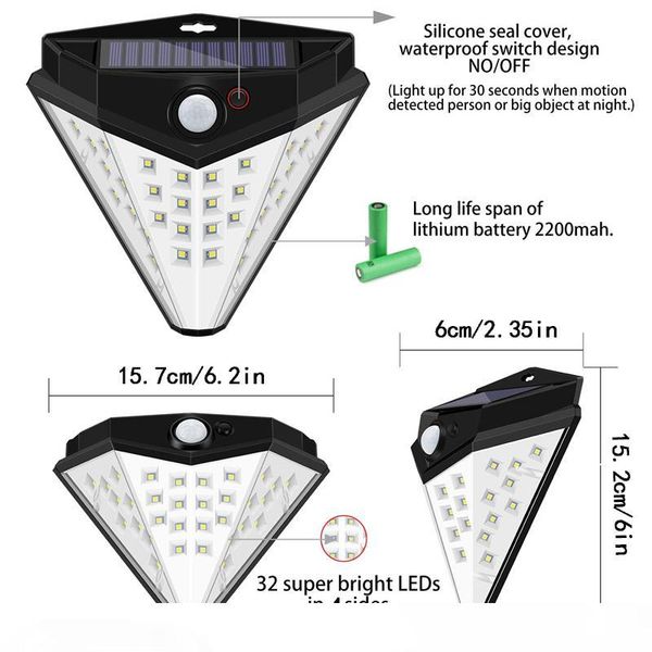 

solar lights outdoor diamond shape 32 led wall lights pir motion sensor lamp security lighting auto on off for patio yard garden garage
