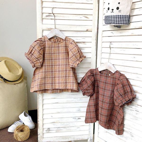 

girls short-sleeved new classic plaid stereo bubble sleeve half-sleeved medium and small shirt girls round collar shirt, White;black