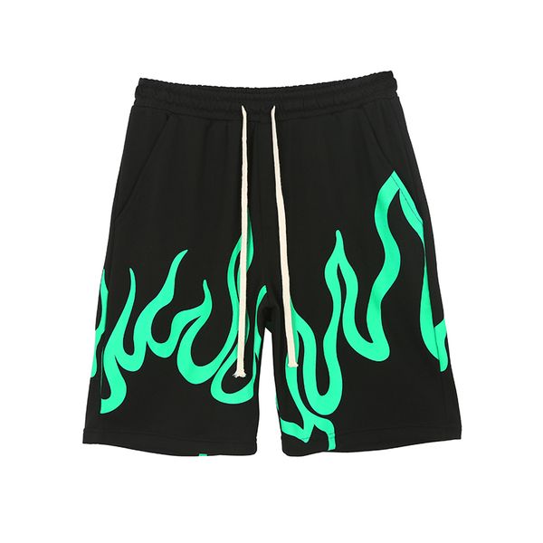 

green flame print harajuku casual summer shorts drawstring streetwear five-point pants hip hop oversize shorts men and women, White;black