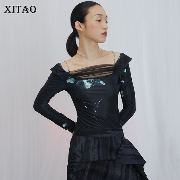 

xitao slim backless t shirt women print chain mesh patchwork slash neck fashion personality 2020 summer long sleeve tee zp1999, White