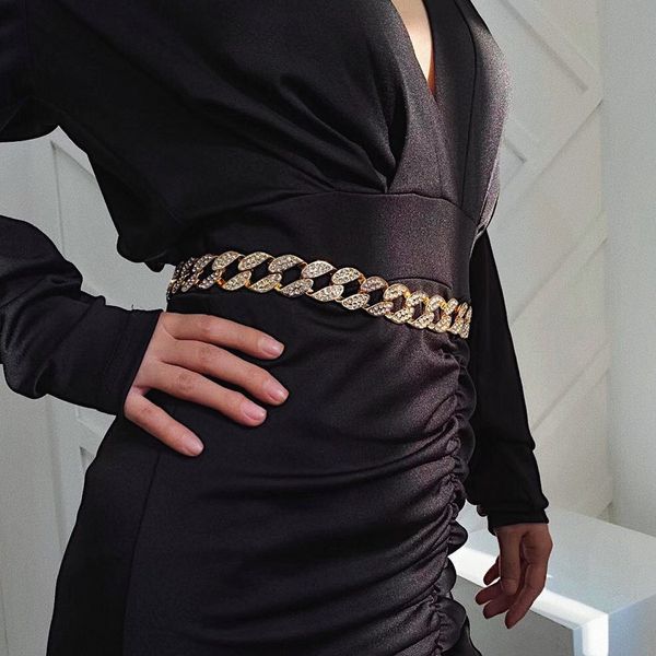 

popular fashion luxury designer vintage sparkling full rhinestone diamond metal chain geometric belt for woman female, Black;brown