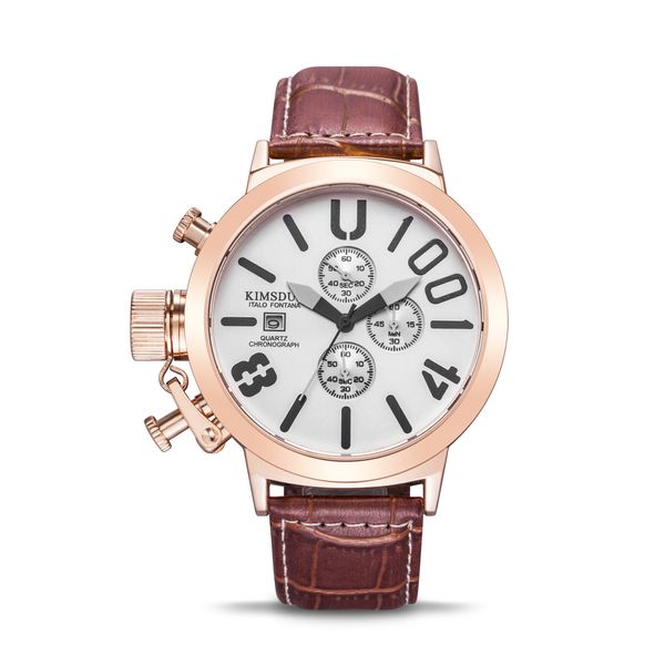 

kimsdun sports large dial six-pin three-eye multi-function belt waterproof watch popular watch mens enjug, Slivery;brown