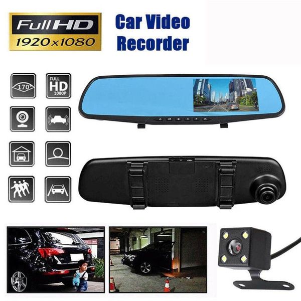 

full hd 1080p car dvr camera auto 4.3 inch rearview mirror digital video recorder reversing image wide angle dual lens camcorder