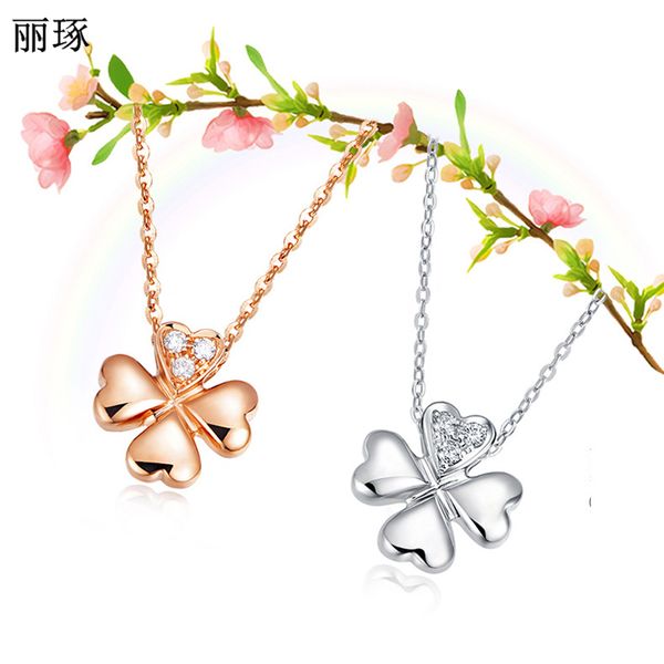 

s925 metal initial necklace female inlaid zircon four-leaf clover necklace simple clavicle chain, Silver