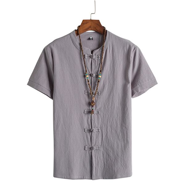 

2020 new chinese style cotton linen buckle men's short-sleeved shirt stand-up collar linen men's shirt clothing, White;black