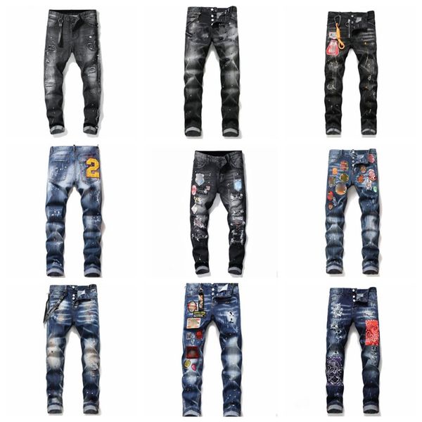 

mens rips stretch black jeans fashion slim fit washed motocycle denim pants panelled hip hop trousers rqri, Blue