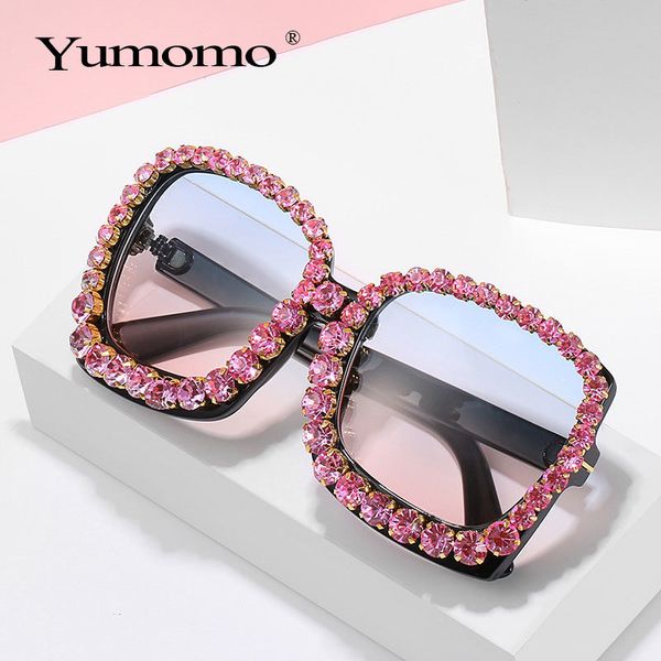 

oversized square diamond sunglasses women pink big frames glasses crystal 2020 fashion female sun glasses rhinestone eyeglasses, Blue