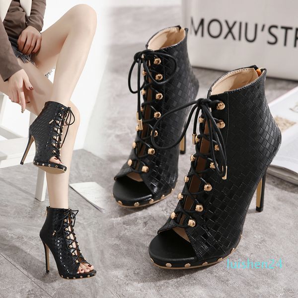 

black woven knitted lace up peep toe pumps designer pumps fashion luxury designer women shoes l24
