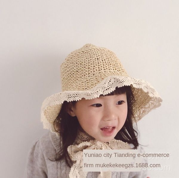 

hipster lace ribbon handmade knitted children's summer sunshade big edge lace straw hat baby straw hat, Yellow