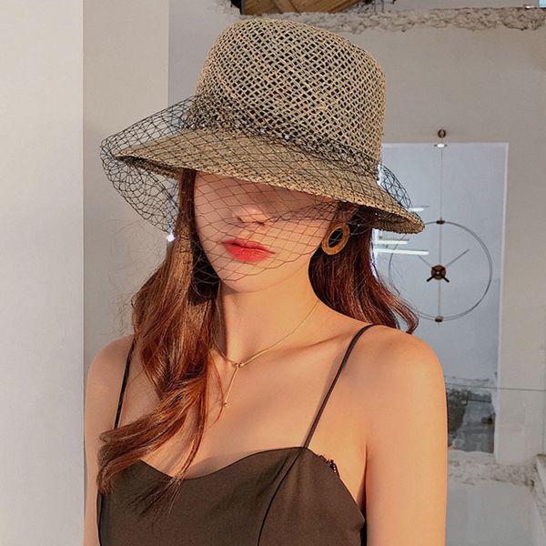 

elegant ladies straw hat wide brim veil pearl trimed cloche summer hat for women fashion breathable seagrass sun hat beach cap t200720, Blue;gray