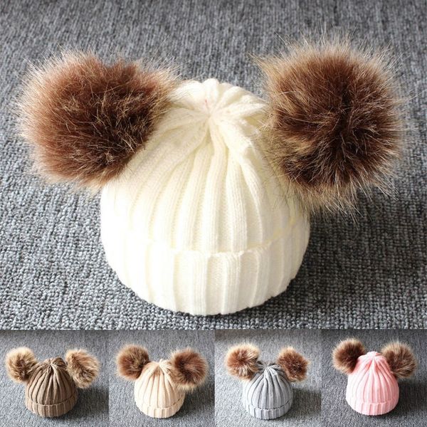 

childrens baby knitting wool hemming hat keep warm winter hiarball fur ball cap