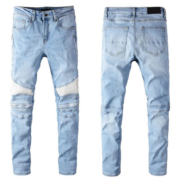 

mens designer denim jeans distressed ripped biker jeans slim fit motorcycle biker denim jeans autumn fashion pants all size available, Blue