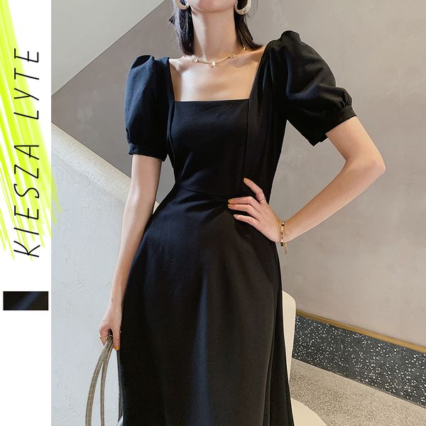 

french style women dress summer retro elegant square collar puff sleeves a line dresses vintage ladies elegant vestidos, Black;gray