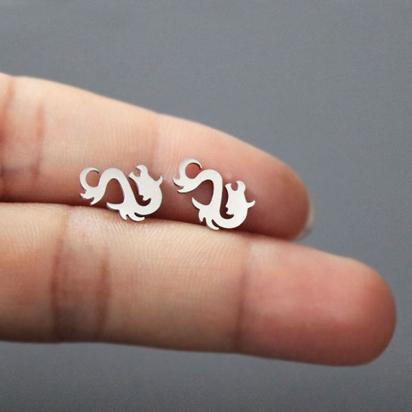 

stud 1pair natural steel color dragon minimalist earrings stainless studs fashion ear jewelry for women girls, Golden;silver