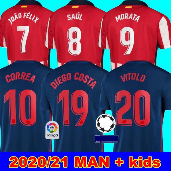 

men + kids 20 21 joao felix home red white soccer jerseys 2020 2021 koke saul godin atletico de football madrid shirt kits set uniform v, Black