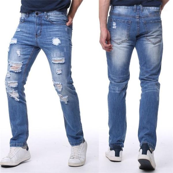 

разорванные джинсы для mens лоскутная выдалбливают printed нищий укороченные брюки мужчины середины талии брюки new, Blue