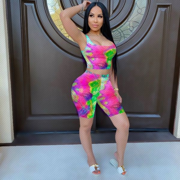 

j6153 european and american fashion womens tie-dye printing casual sports suit sleeveless shorts two-piece set, Black;white