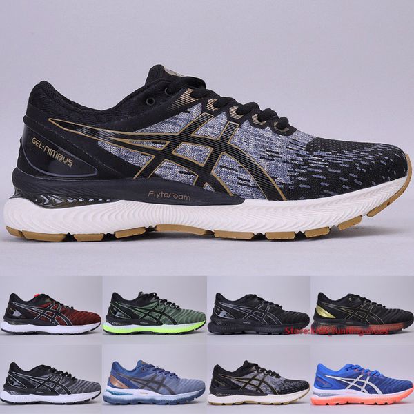 

asices gel-nimbus 22 men trail running shoes black pure gold tuna blue pure silver piedmont grey outdoor marathon sneakers size 40.5-45