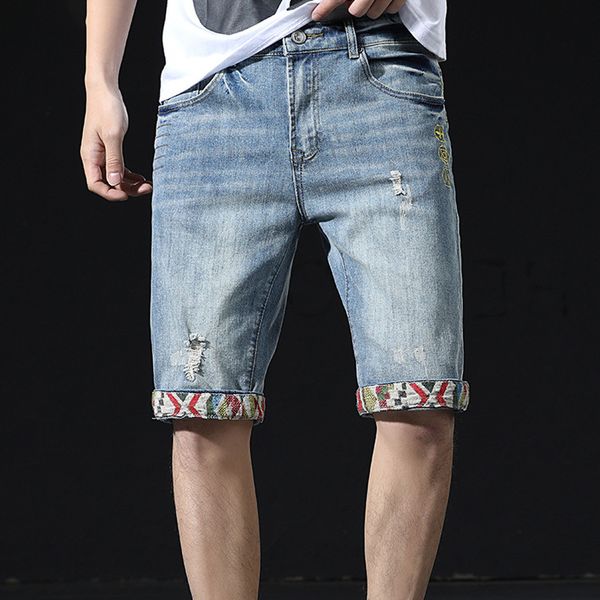 

2020 fashion stylist jeans men summer new retro british stitching denim short jeans men fashion hole stretch straight five-point pants, Blue