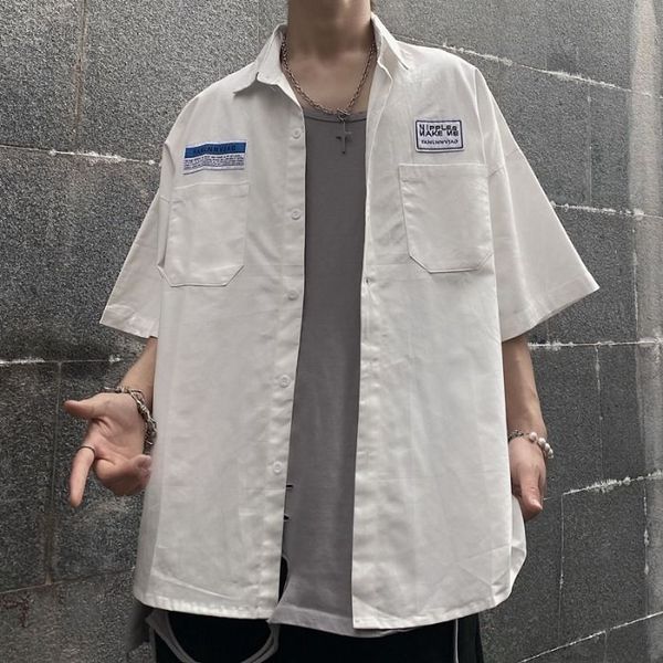 

2020 summer new youth popular japanese chest small pocket five-point sleeve shirt fashion casual loose jacket coat -xl, White;black