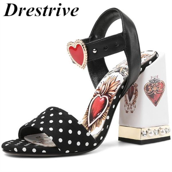 

drestrive 2020 women sandals large size 34-43 pigskin lining supper high heel .5 cm polka dot fashion woman summer shoes, Black