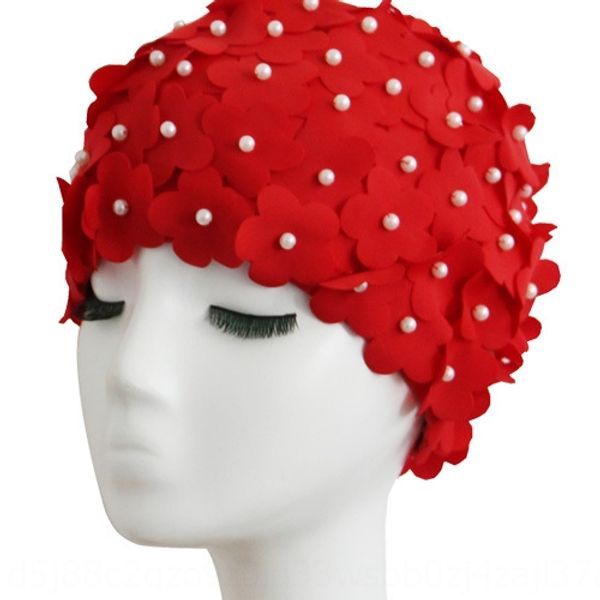 

fashion women's flower petal long short pearl hair swimming handmade stereo pearl flower comfortable cloth cap swimming cap