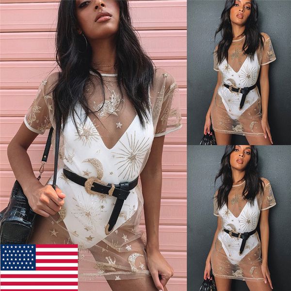 

women summer beach dress loose star moon print sequins bikini cover up see through short sleeve mini dress vestido, Black;gray