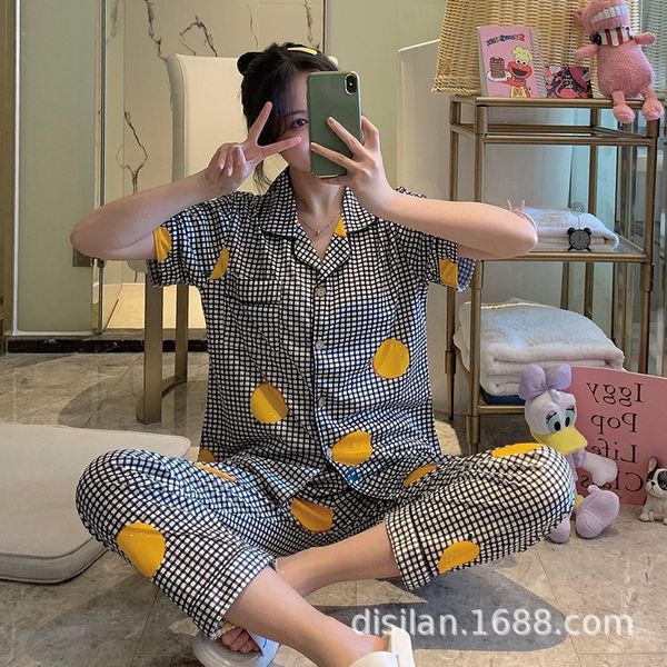 

summer new korean trousers pajamas sweet pajamas women's milk cotton cartoon cute short sleeve trousers korean suit, Blue;red