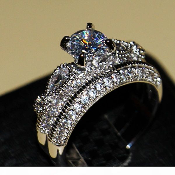 

k wholesale luxury jewelry stunning 925 sterling silver round cut white sapphire cz diamond wedding women ring set si, Slivery;golden