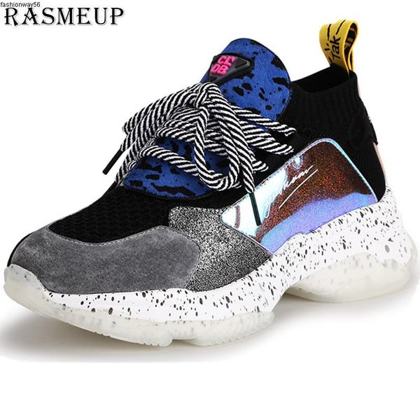 

genuine rasmeup leather plus suede size 41 mesh sock platform sneakers women 2019 horsehair women chunky trainers woman shoes, Black