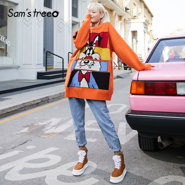 

sam's tree multicolor cartoon print knit pullovers women sweaters 2020 winter cute lantern sleeve casual office ladies daily top, White;black