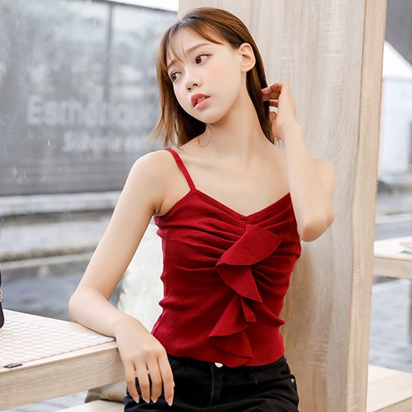 

net red ruffled tube knitted camisole womens short careful machine black bottoming shirt women, Black;white