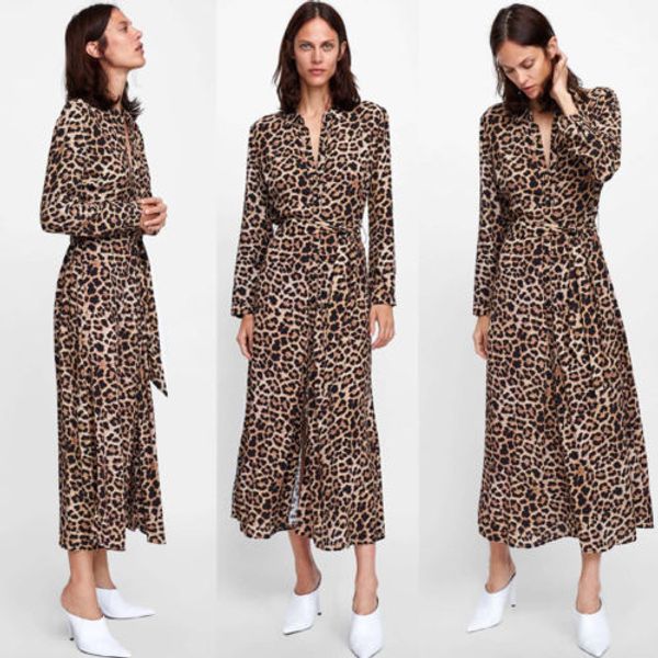 

womens boho long maxi dress ladies party leopard dresses summer beach sundress autumn long sleeve deep v-neck high split dress, Black;gray