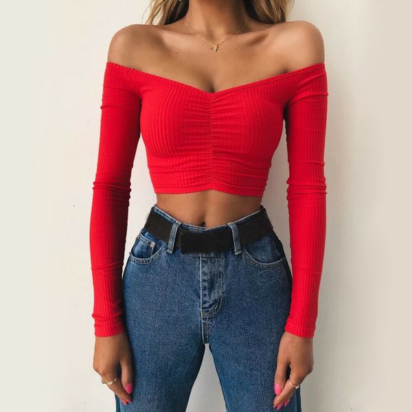 

new women casual long sleeve pullover bottoming t shirt autumn off shoulder t shirts 3color, White