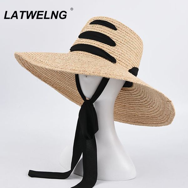 

новая мода дамы ремень дизайн-бич hat ручной работы рафия летнего солнца шляпы для женщин крупногабаритные hat cap styling s1103 y200714, Blue;gray